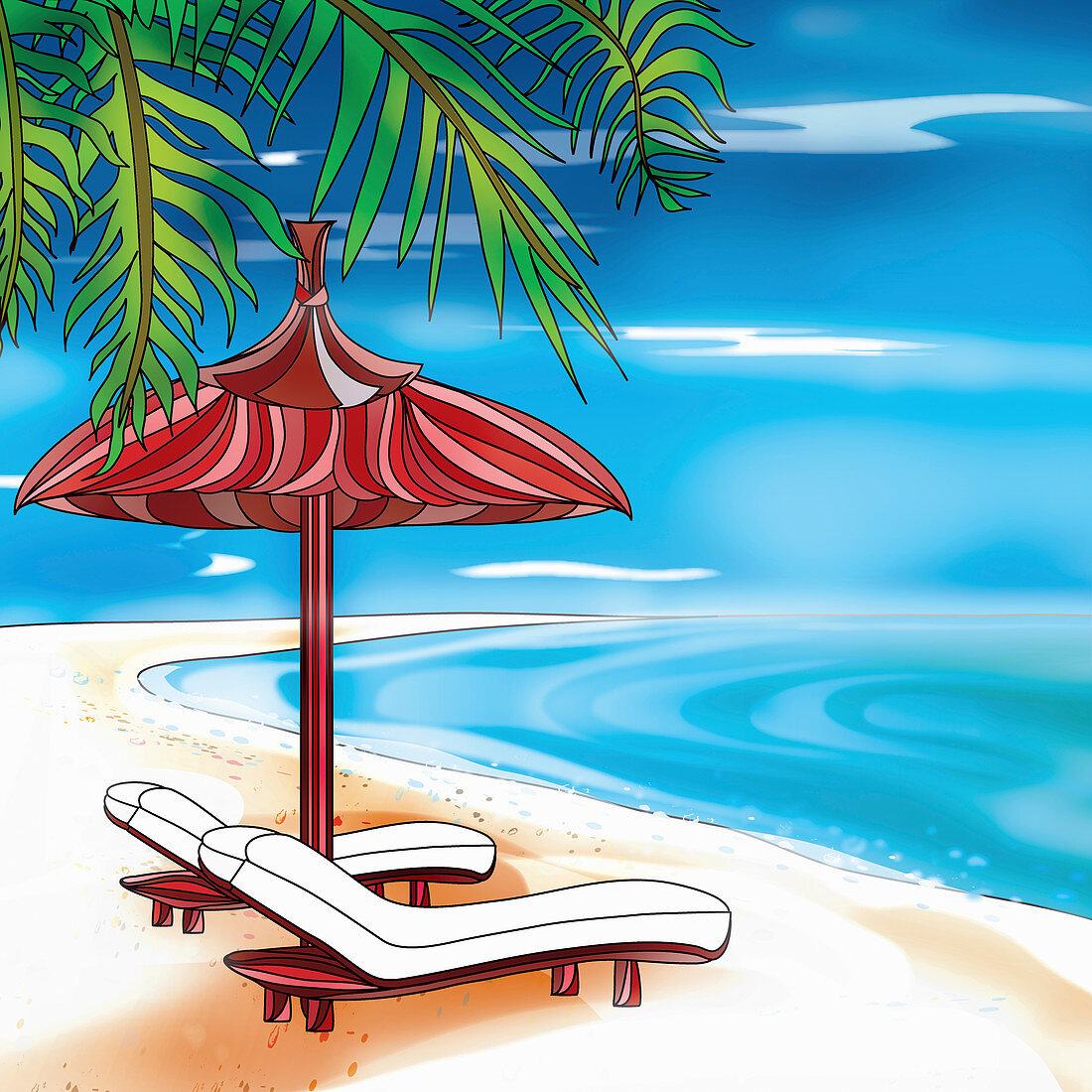 Empty sun loungers on deserted beach, illustration
