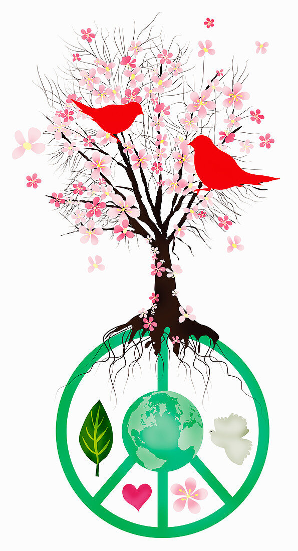 Blossom tree growing from peace symbol, illustration