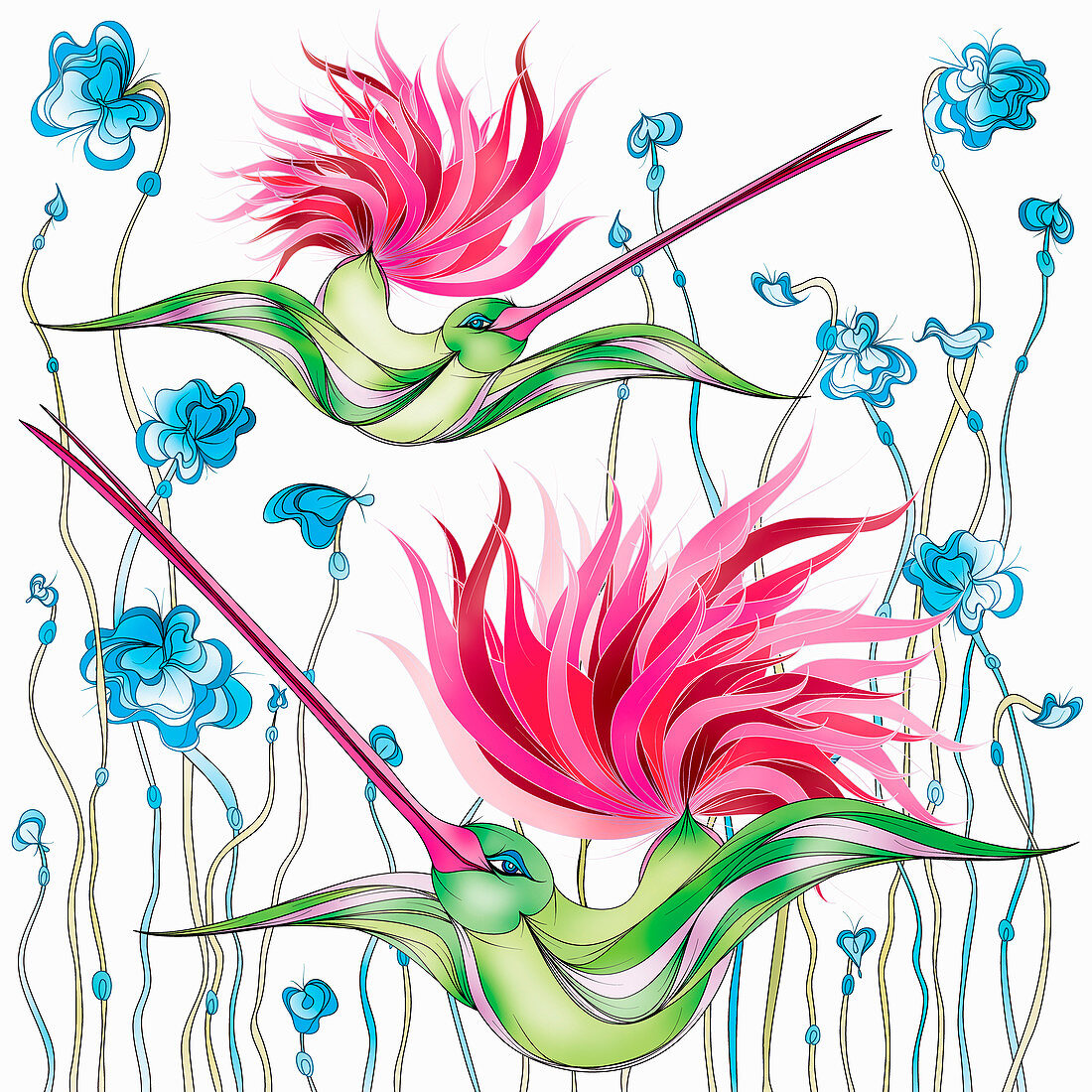 Hummingbirds with pink tails, illustration