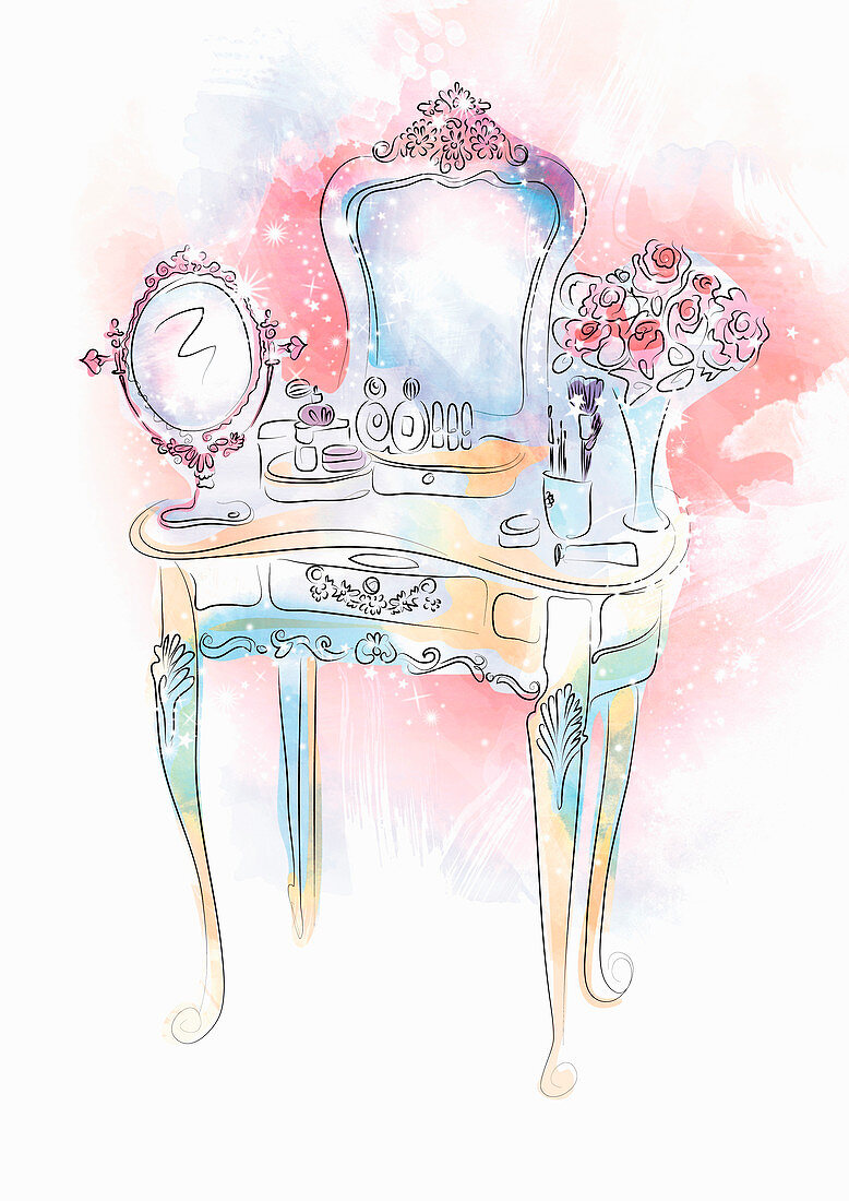 Makeup on vanity table with mirror, illustration