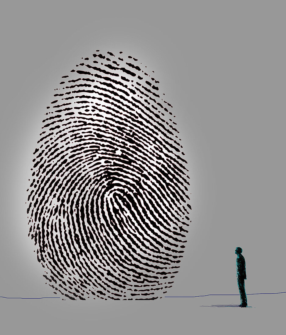 Man looking up at large fingerprint, illustration