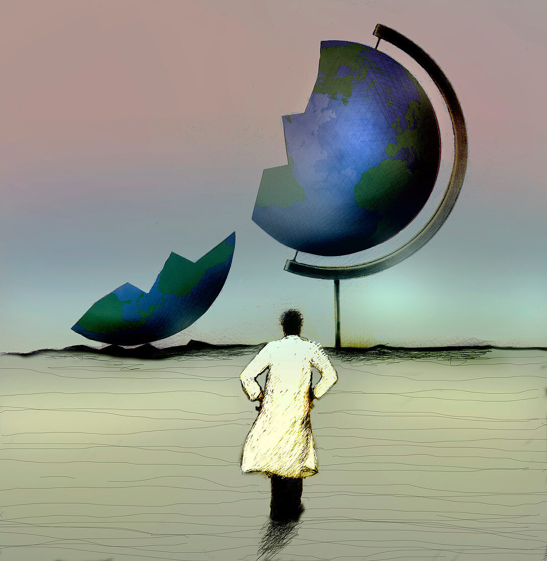 Scientist looking at broken globe, illustration