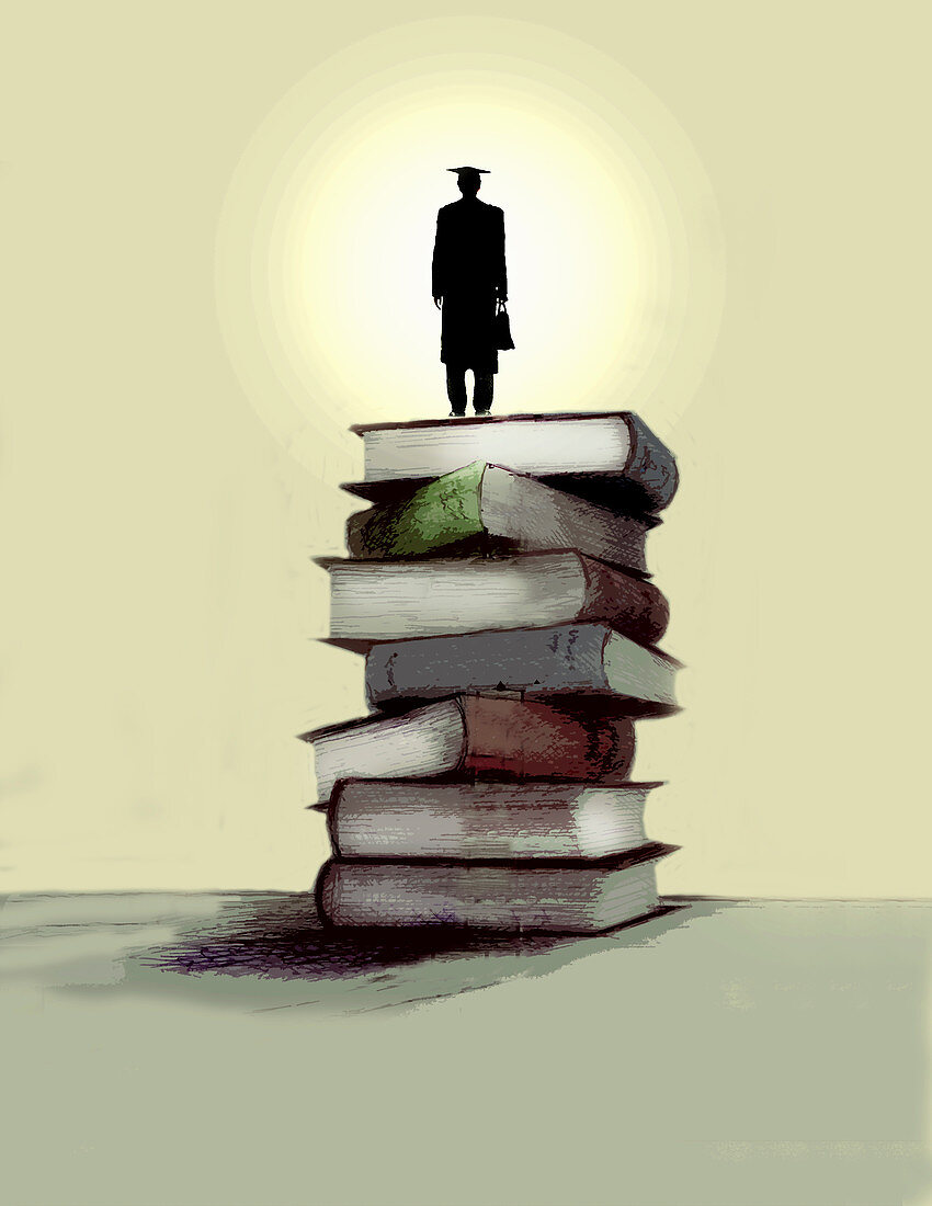 Graduate standing on pile of books, illustration