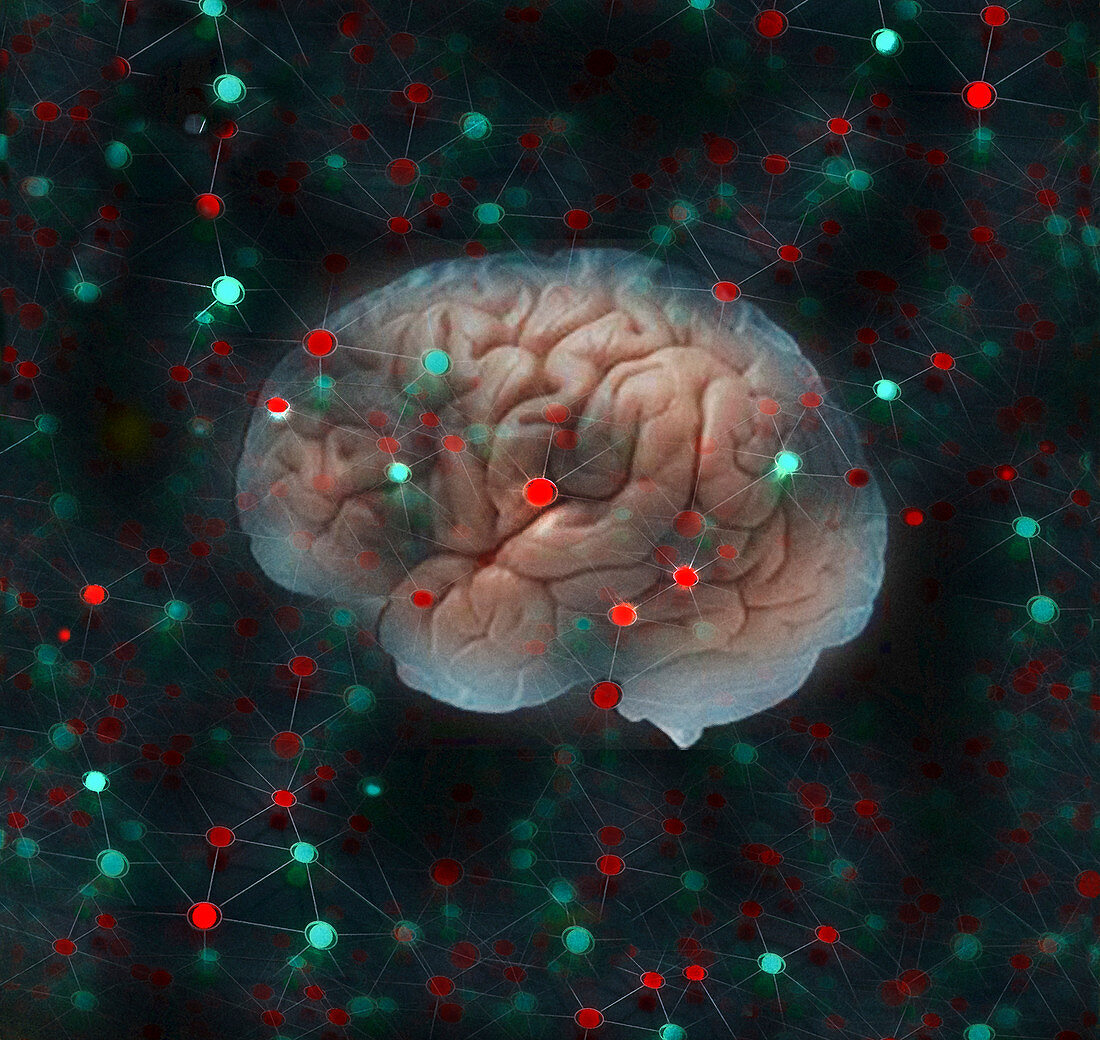 Network of lights surrounding human brain, illustration