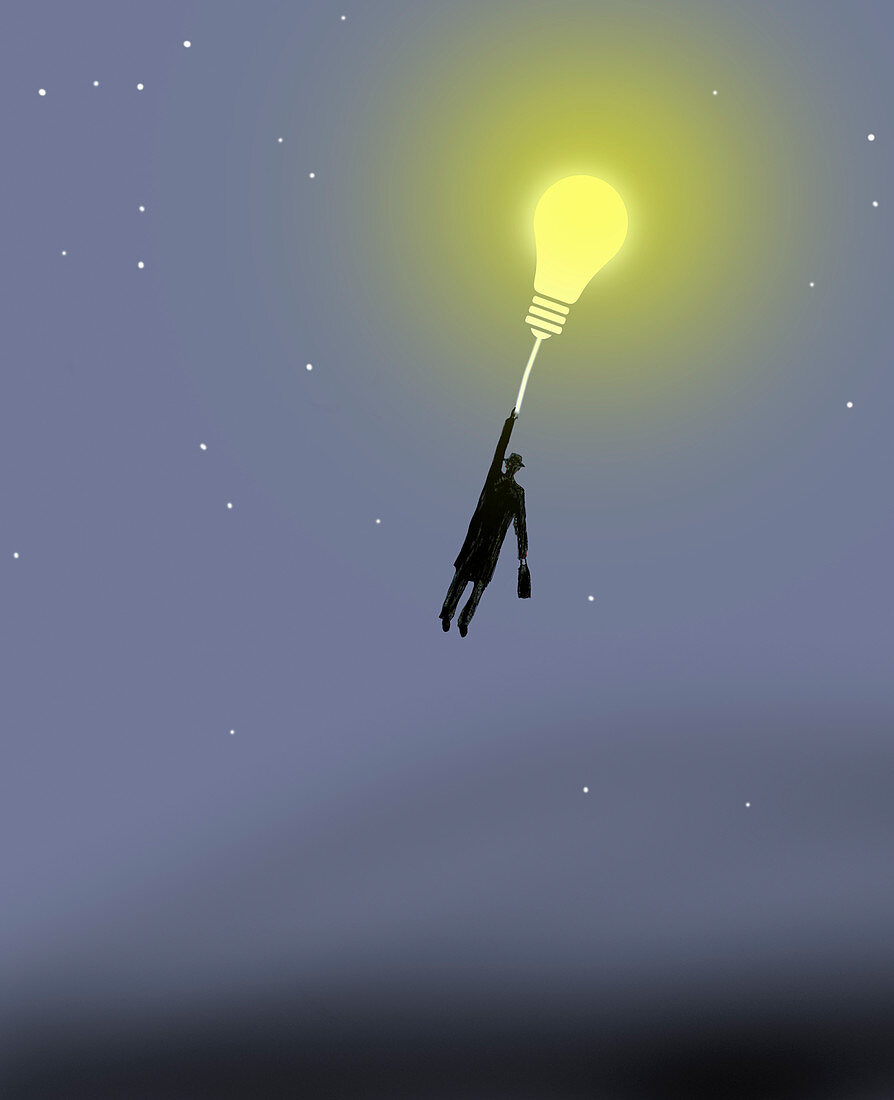 Businessman holding on to bulb balloon, illustration
