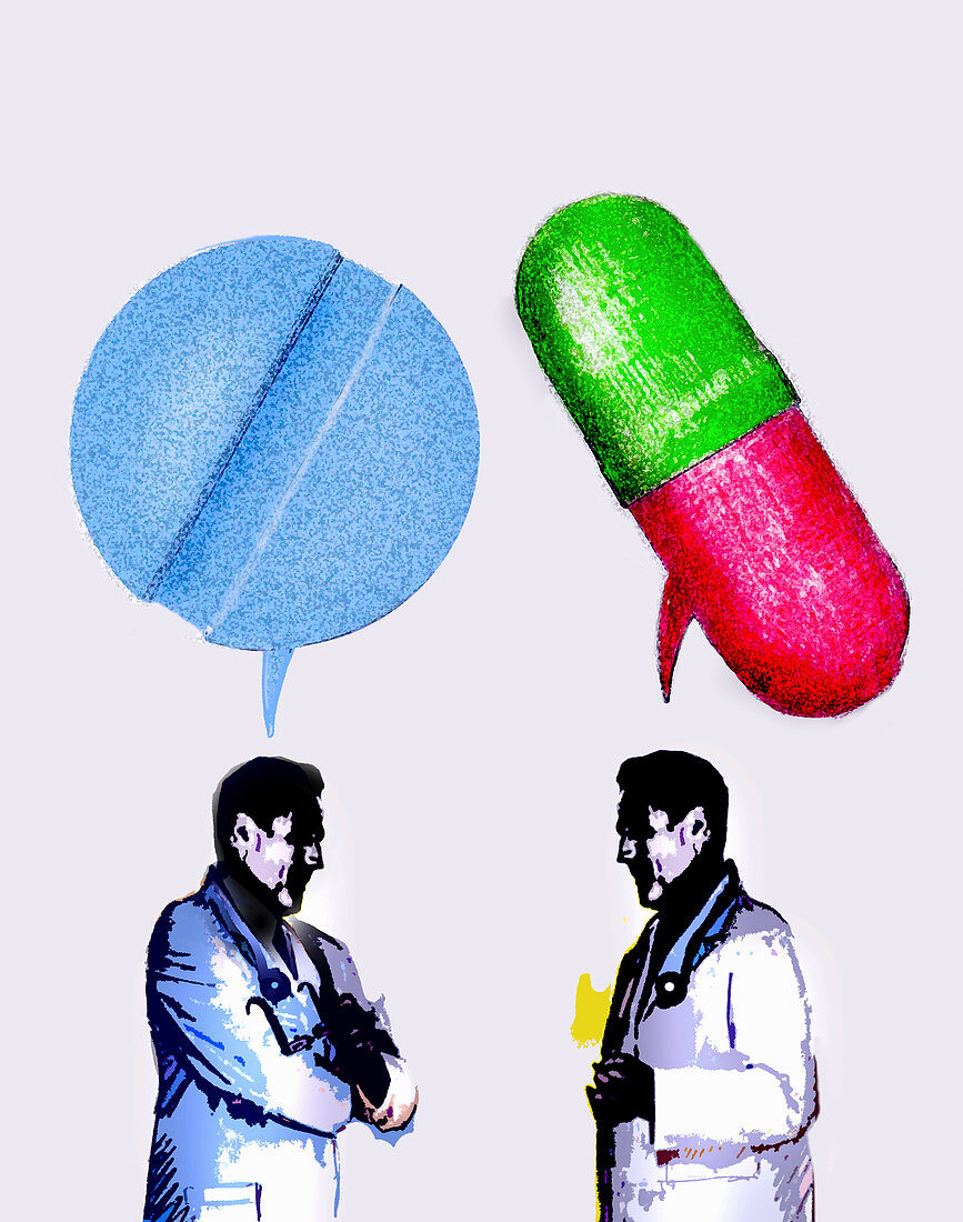 Doctors discussing different medicines, illustration
