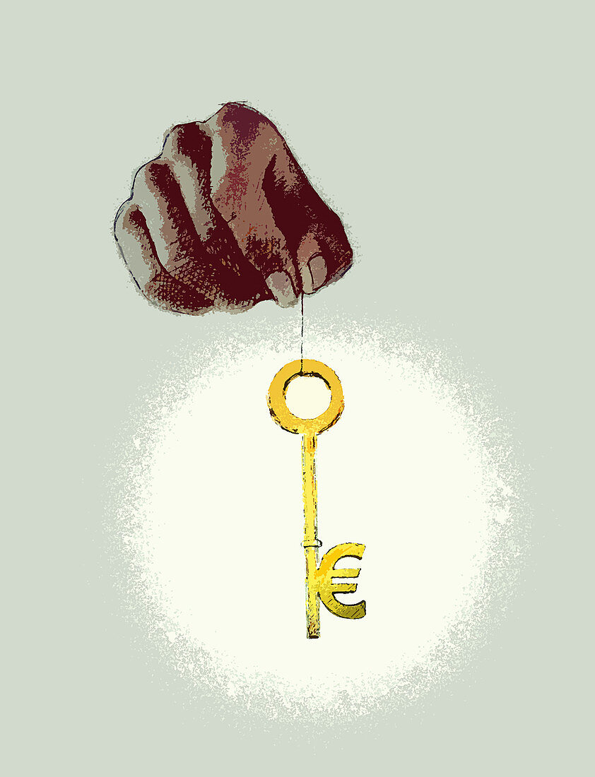 Hand holding euro symbol key, illustration