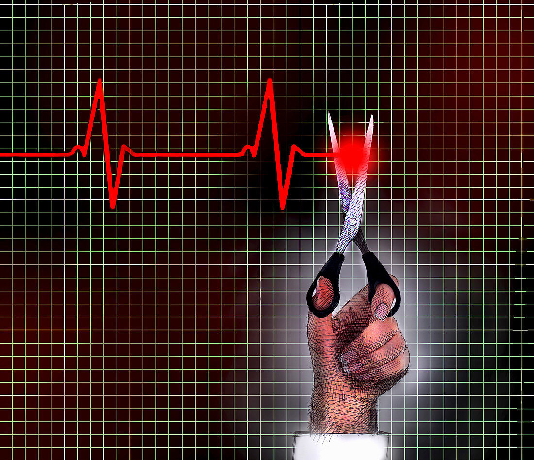 Hand cutting pulse trace with scissors, illustration