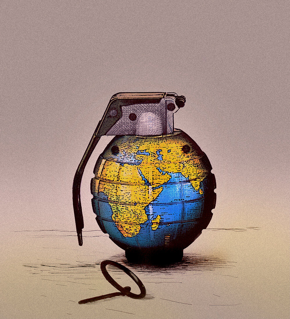 Pin pulled on globe grenade, illustration