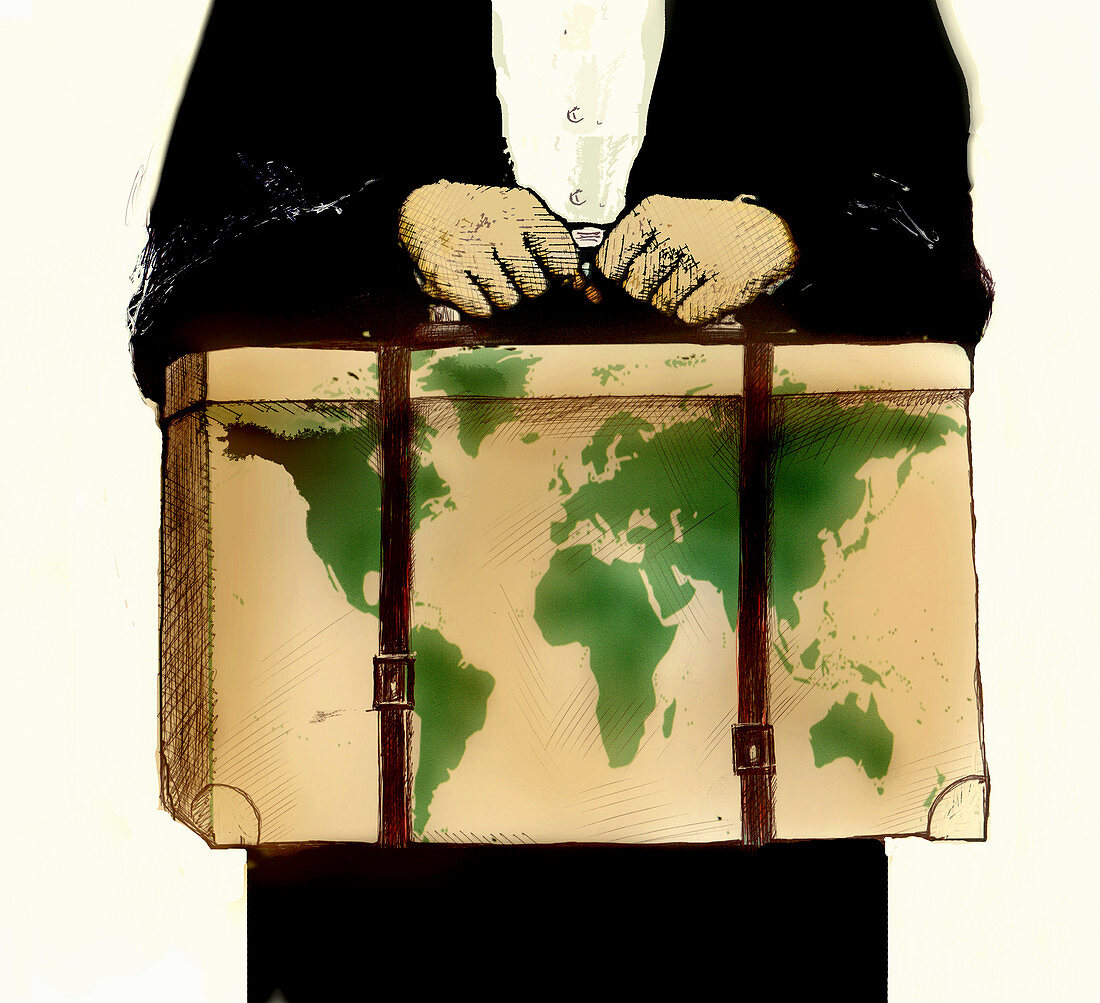 Immigrant carrying belongings in box, illustration