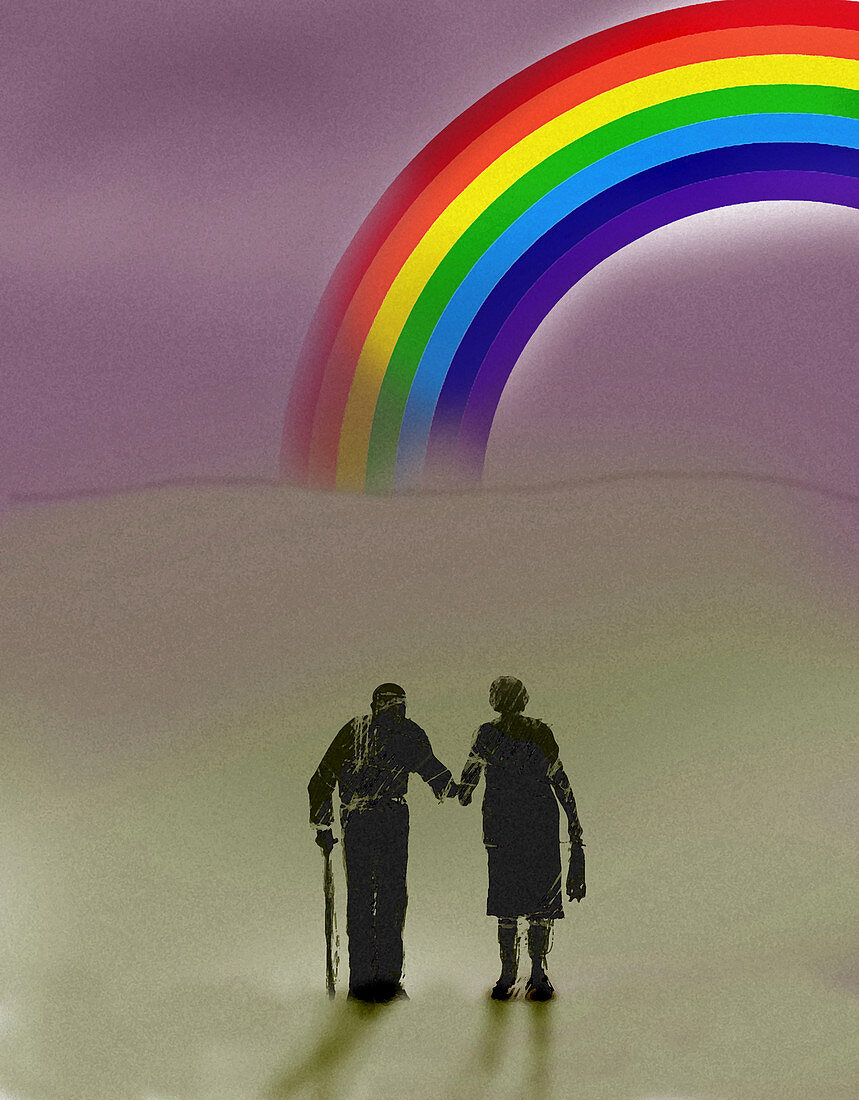 Elderly couple walking towards rainbow, illustration