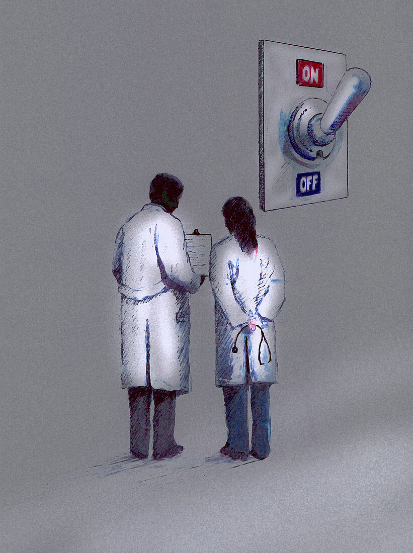 Doctors discussing clipboard notes, illustration