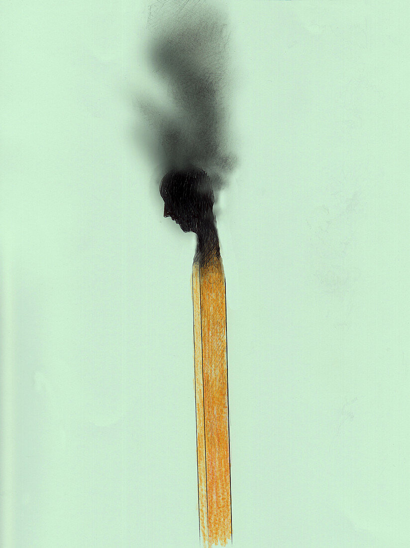 Man's head on top of burnt out match, illustration