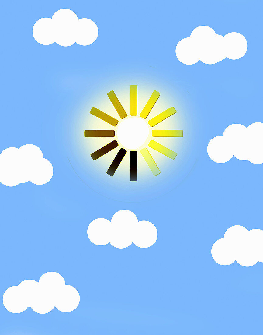 Sun in blue sky as computer loading symbol, illustration