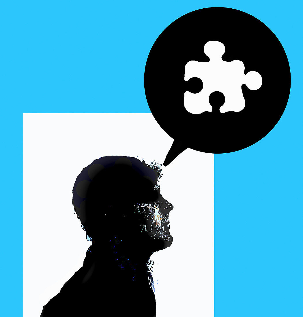 Jigsaw puzzle piece in speech bubble, illustration