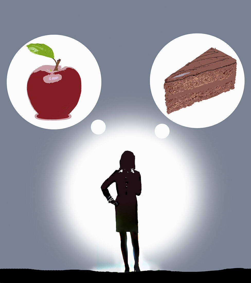 Woman deciding between apple and cake, illustration