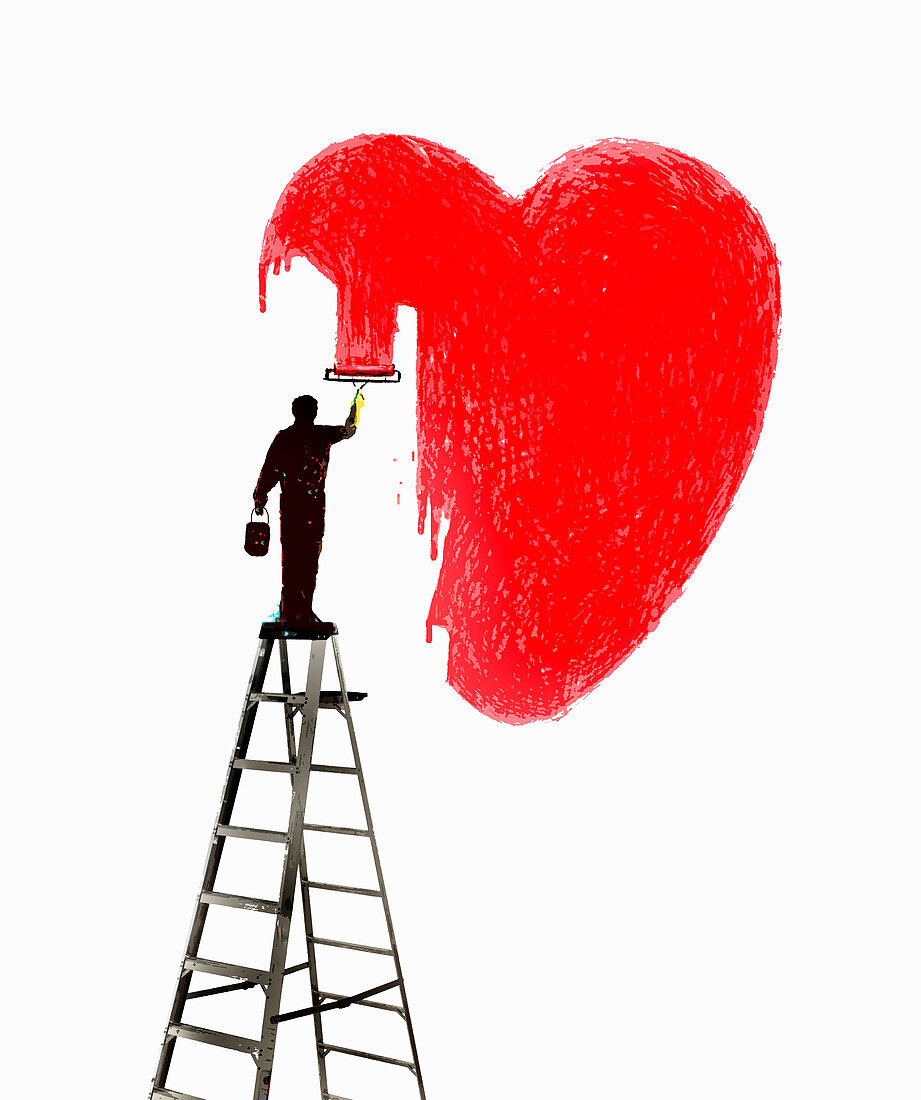 Man on ladder painting large red heart shape, illustration