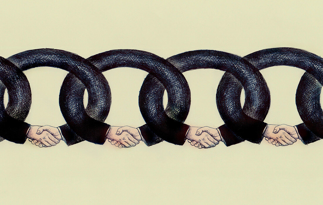 Shaking hands linked in chain, illustration
