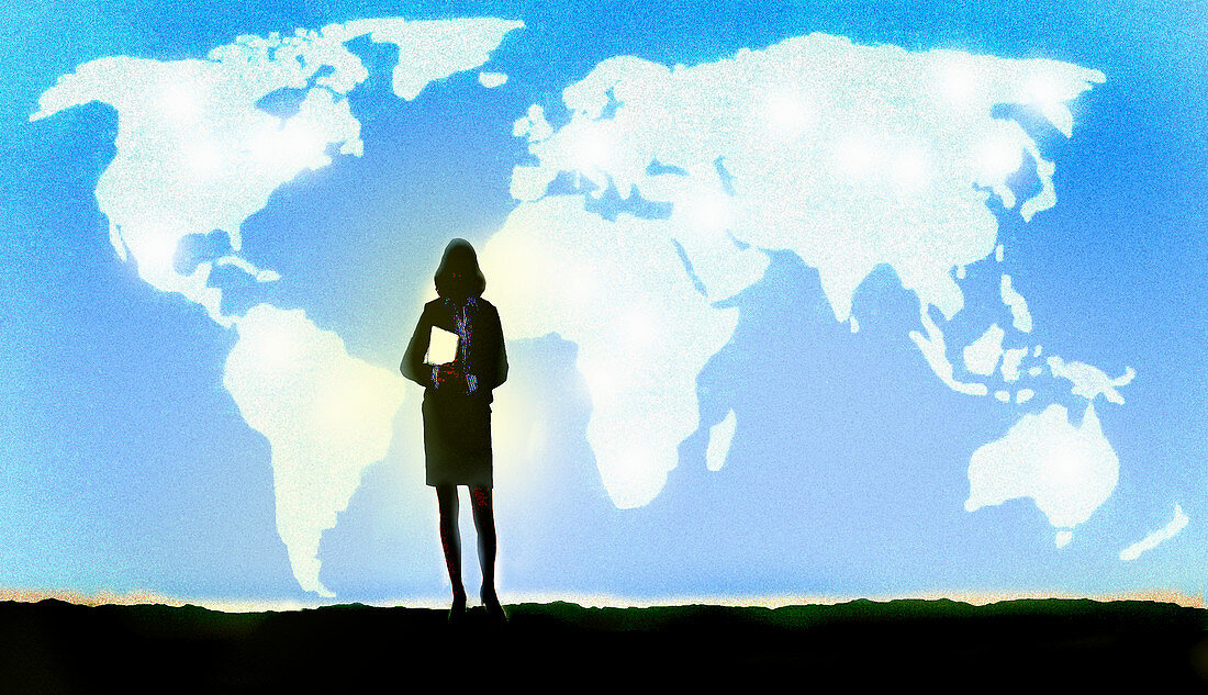 Businesswoman standing in front of world map, illustration