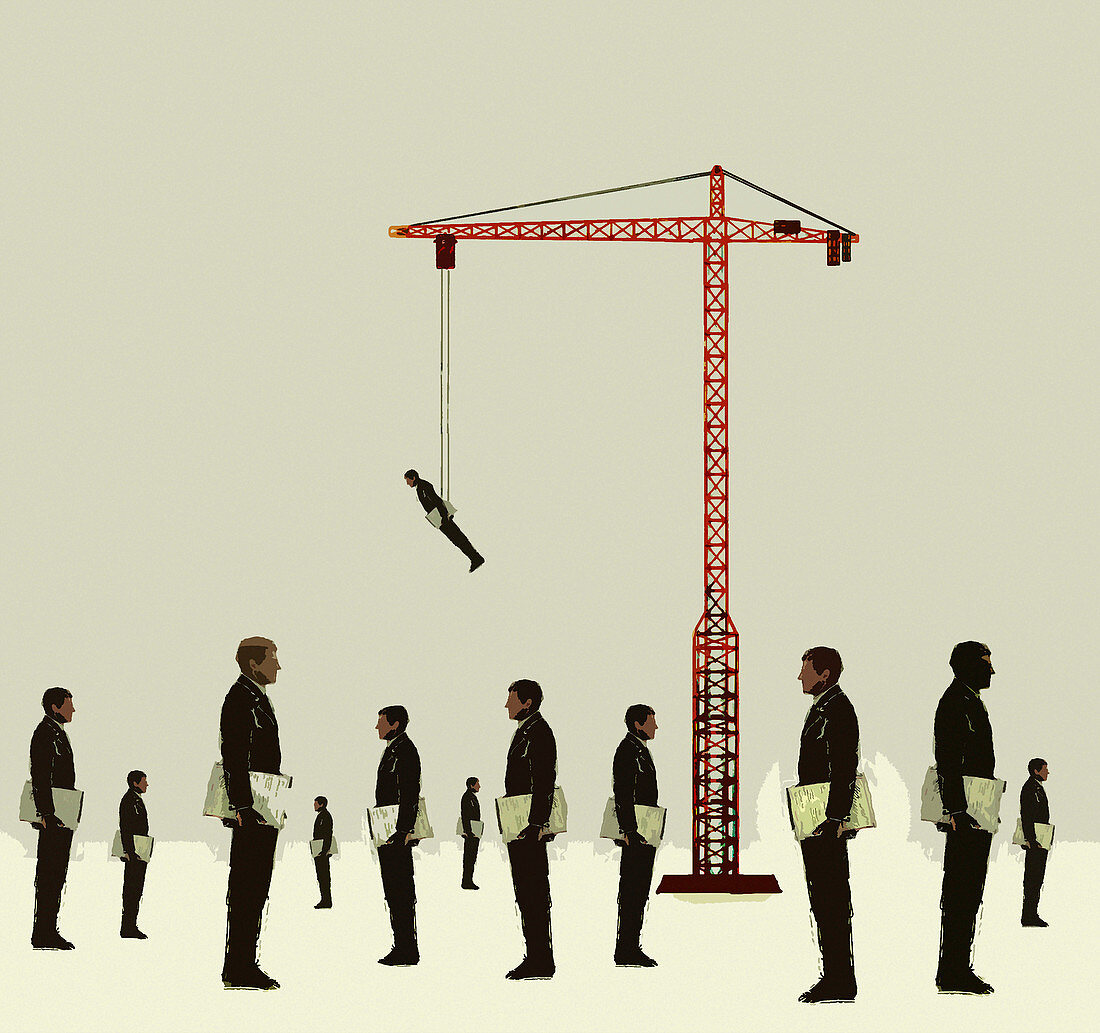 Crane lifting businessman above the crowd, illustration