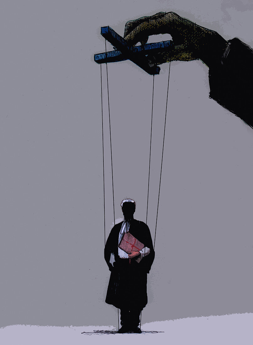 Businessman manipulating puppet barrister, illustration