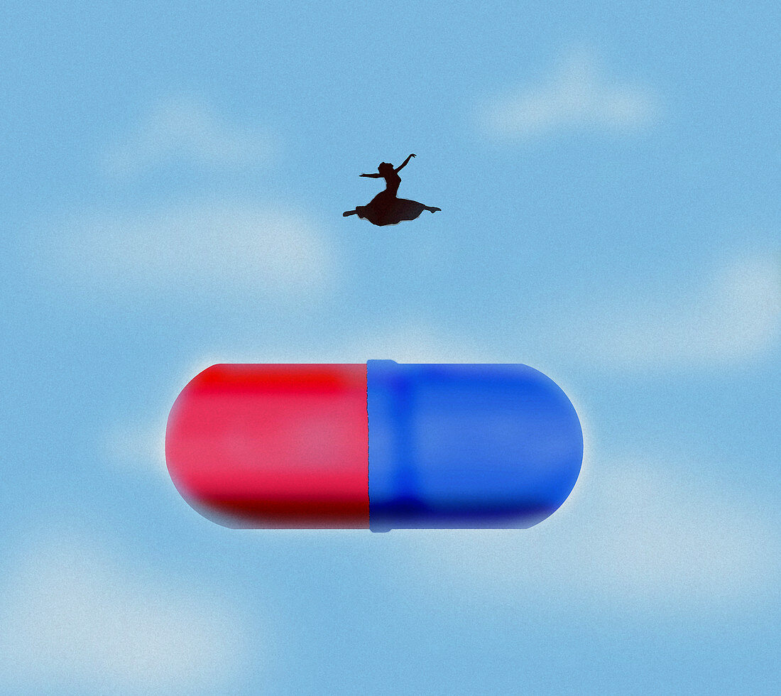Carefree woman leaping over large pill, illustration