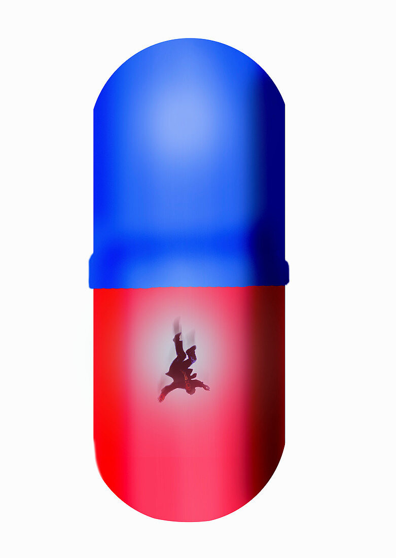 Man falling inside of large pill, illustration