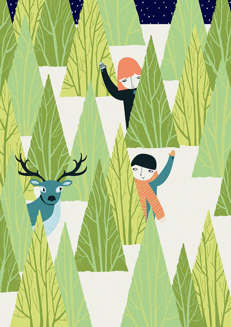 Boy, girl and deer behind trees in snowy woods, illustration