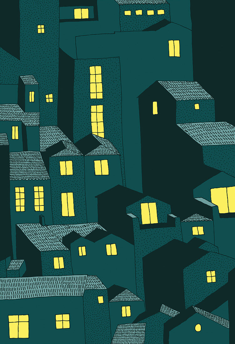 Illuminated windows in city buildings at night, illustration