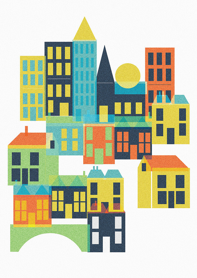 Multicolour town buildings, illustration