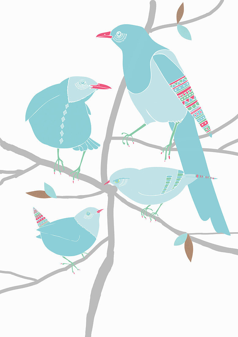 Birds with patterns perched on branches, illustration