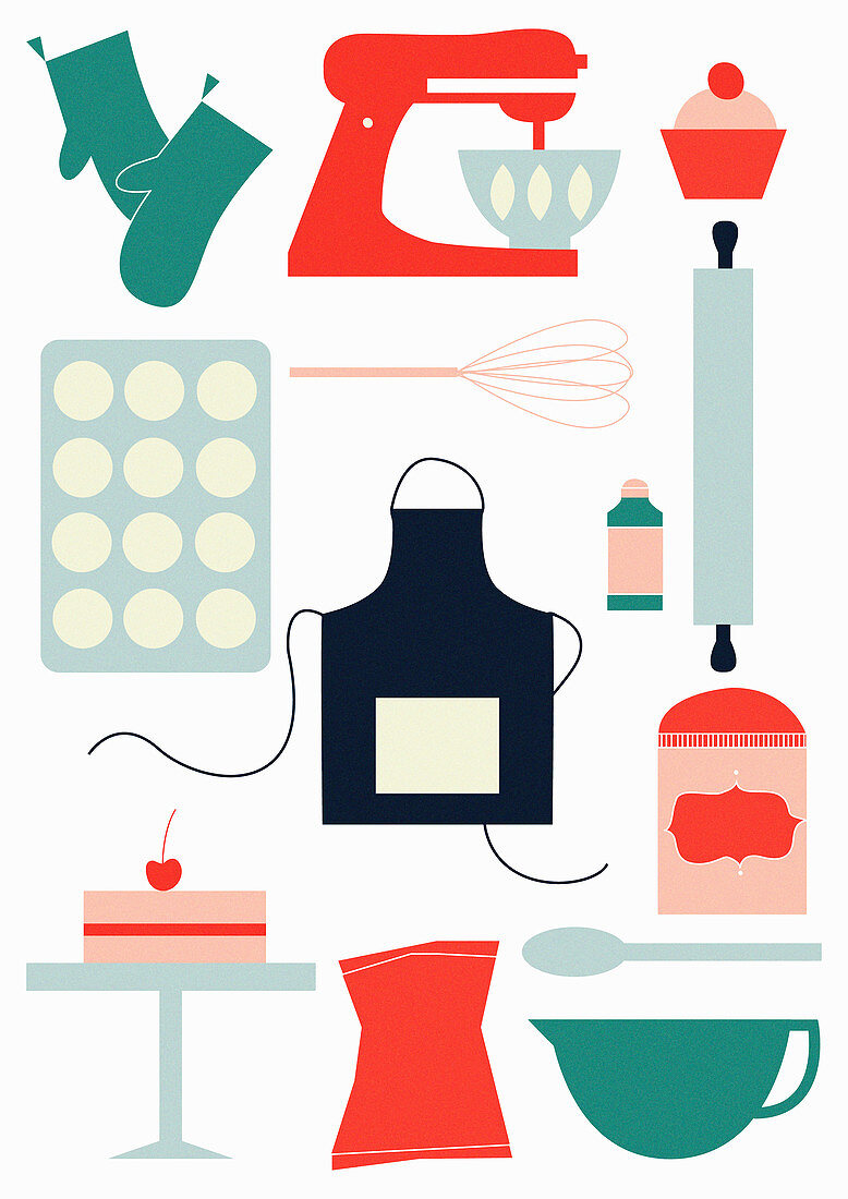Arrangement of baking equipment and cakes, illustration
