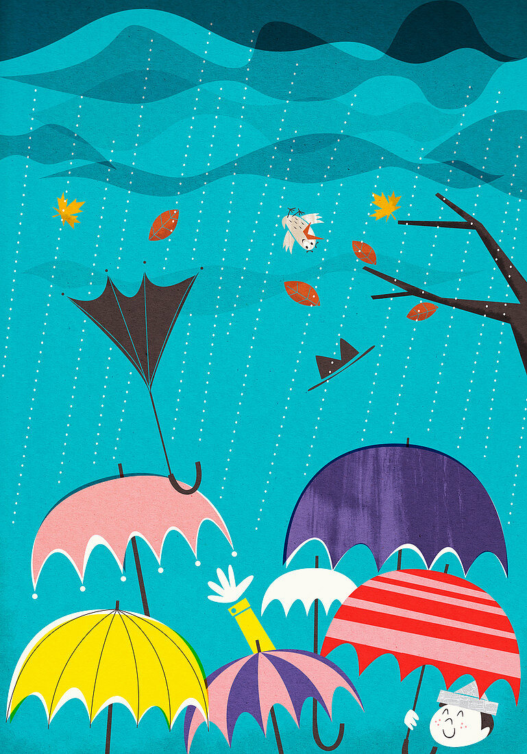 Umbrellas in rain and wind, illustration