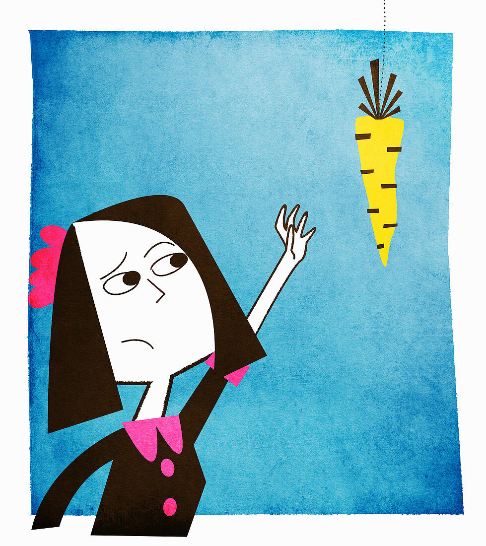 Woman reaching for dangling carrot, illustration