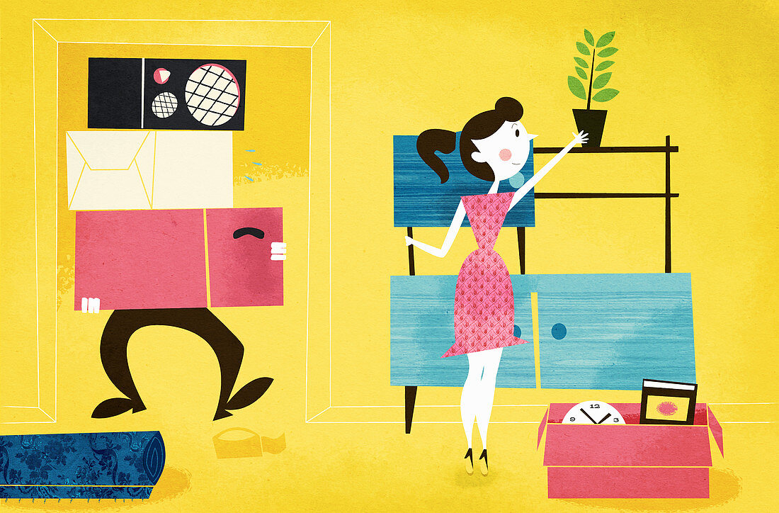 Young couple unpacking in new home, illustration