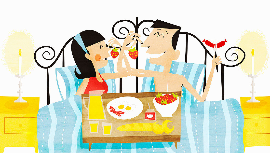 Happy couple eating breakfast in bed, illustration