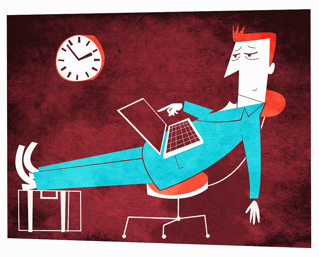 Tired businessman with feet up using laptop, illustration