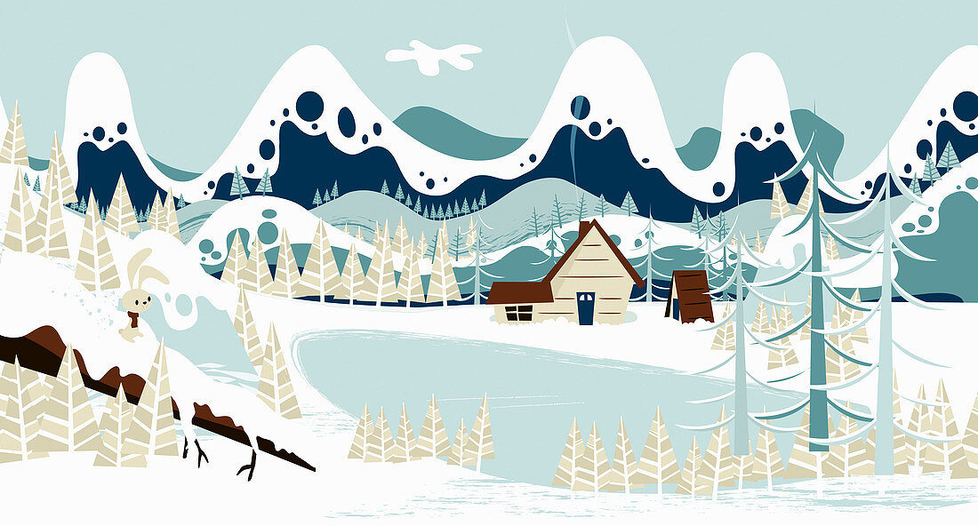Lakeside cabin below mountains in snow, illustration