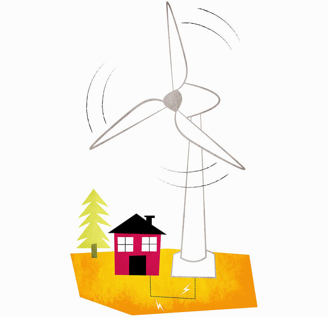 Large wind turbine spinning above house, illustration