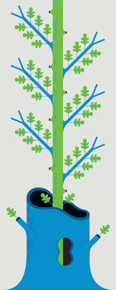 Sapling growing inside dead tree, illustration