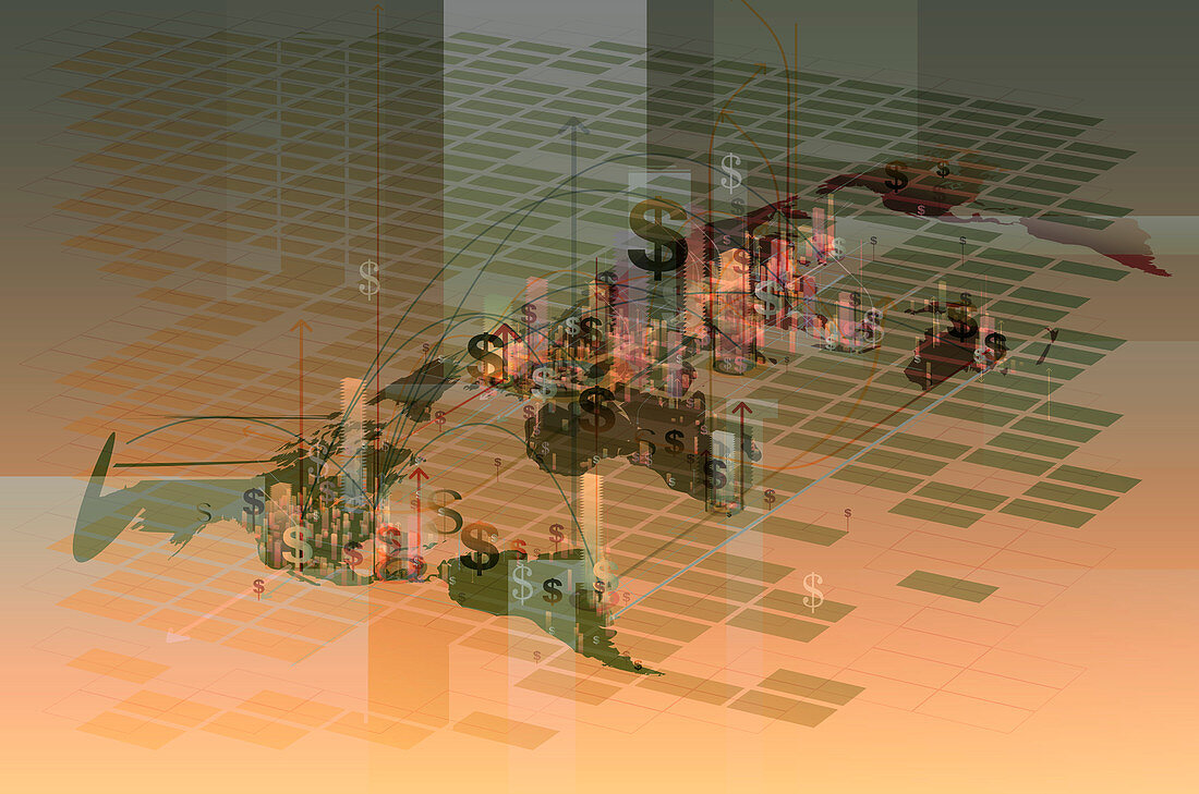 Three dimensional global finance map, illustration