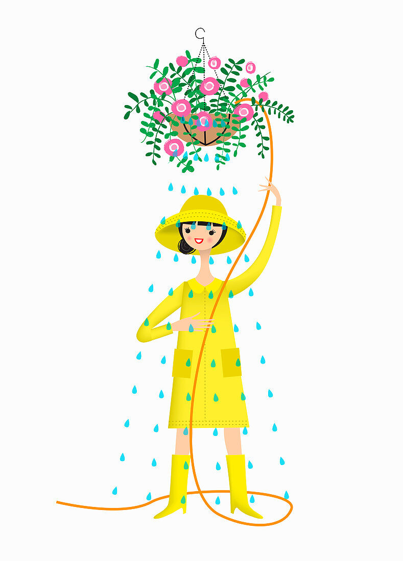 Woman wearing rain hat and wellingtons, illustration