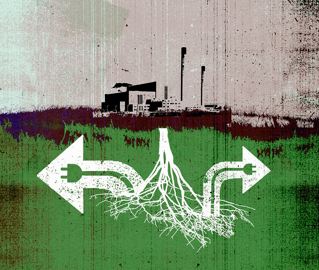 Arrows and electric plugs below factory, illustration