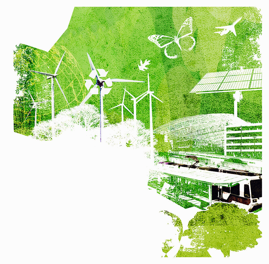 Collage of environmental conservation issues, illustration