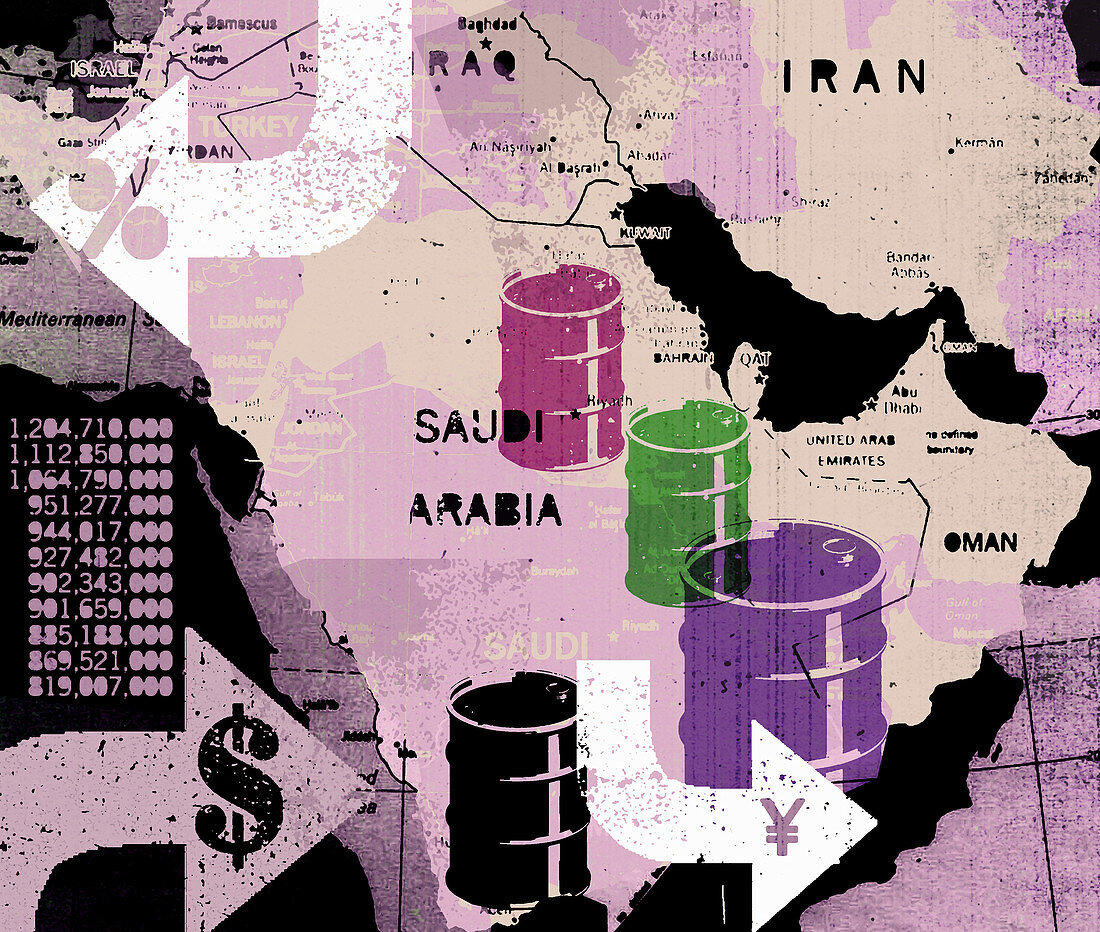 Oil barrels on map of Middle East, illustration
