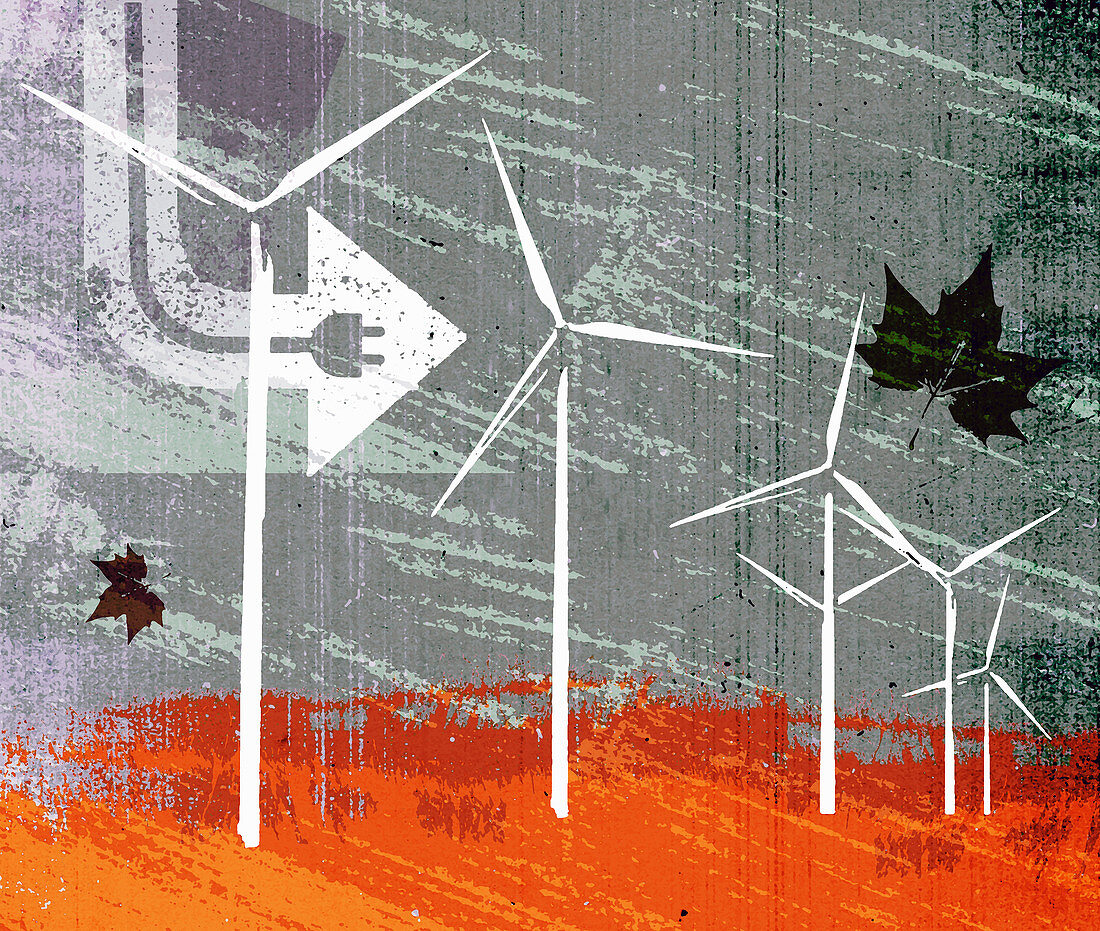 Electric plug and wind blowing wind turbines, illustration