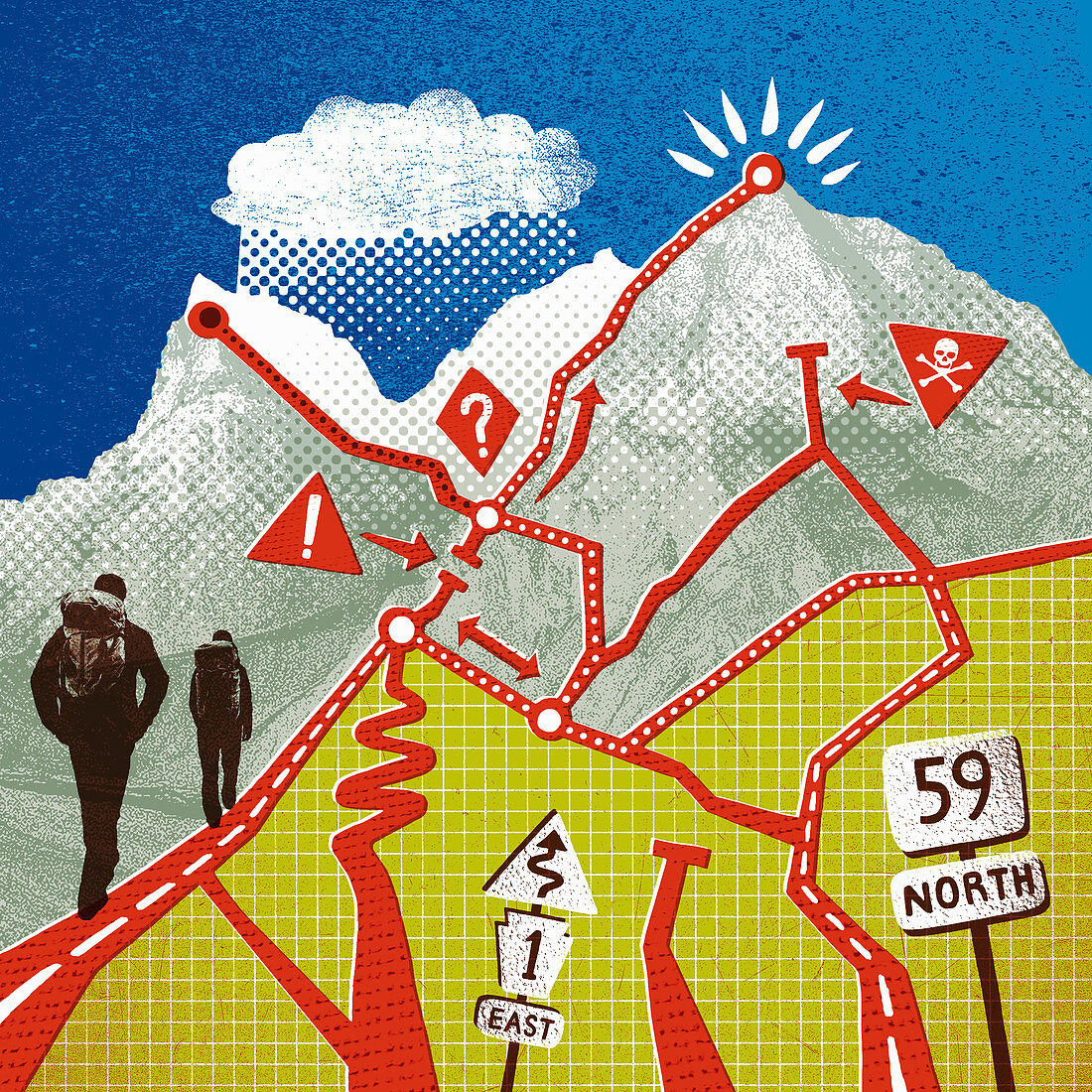 Hikers ascending mountain, illustration