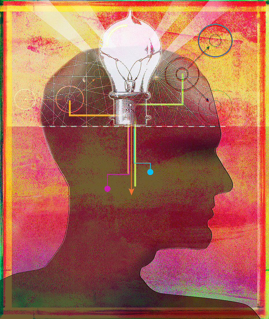 Light bulb and connections in man's head, illustration