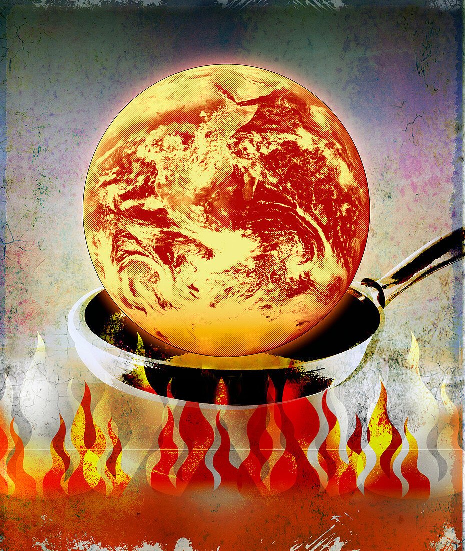 Globe burning in pan over flames, illustration