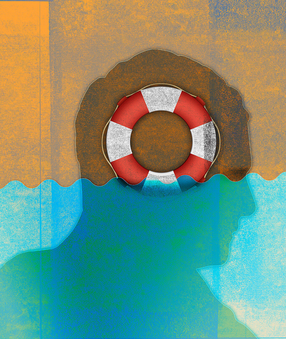 Life ring inside of man's head sinking, illustration